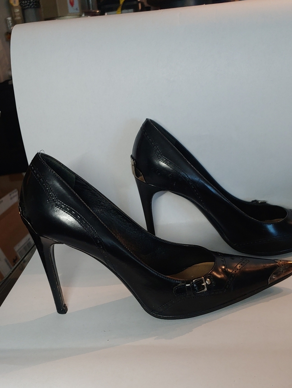 Miu Miu (Prada) Black Pointed Toe Stiletto Pumps with Metallic Caps - Picture 4 of 6